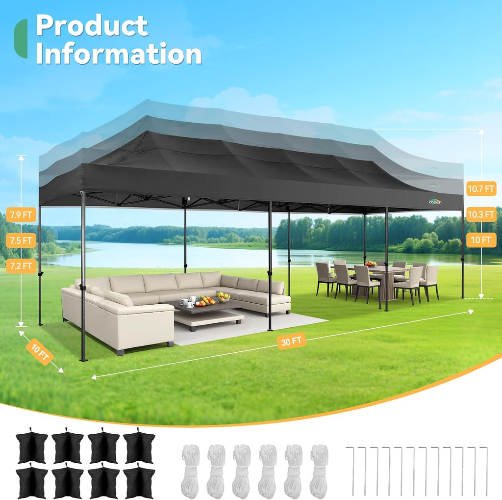 COBIZI 10x30 Heavy Duty Pop Up Canopy Tent with 8 Sidewalls Thicken Frame, Commercial Easy Up Outdoor Wedding Party Tents, All Season Waterproof Windproof with Stakes Sandbags Ropes Roller Bag, Black
