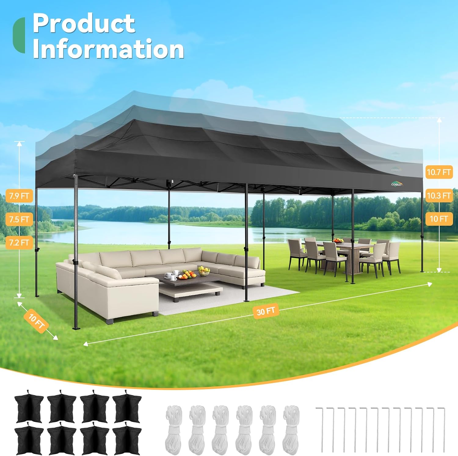 COBIZI 10x30 Heavy Duty Pop Up Canopy Tent with 8 Sidewalls Thicken Frame, Commercial Easy Up Outdoor Wedding Party Tents, All Season Waterproof Windproof with Stakes Sandbags Ropes Roller Bag, Black