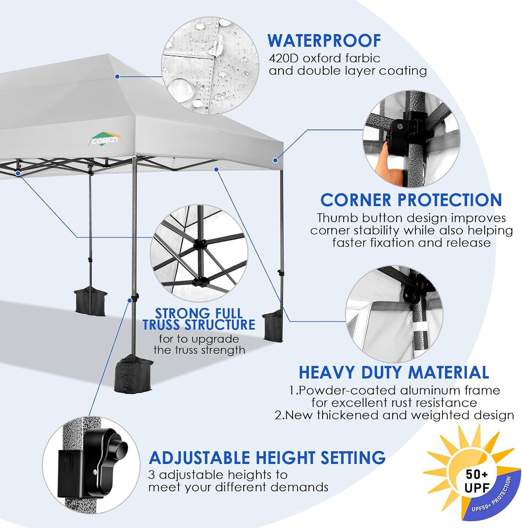 COBIZI 10x20 Heavy Duty Pop up Canopy Tent with 6 sidewalls Easy Up Commercial Outdoor Wedding Party Tents for Parties All Season Wind & Waterproof Gazebo Roller Bag, White(Frame Thickened)