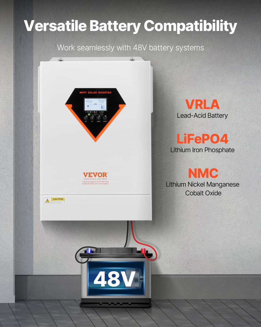 VEVOR Hybrid Solar Inverter, 6000W, Single Phase Pure Sine Wave Power Inverter, 48V DC to 220/230V AC, with Built-in 120A MPPT Solar Charge Controller, for Off-Grid System Lead Acid Lithium Battery