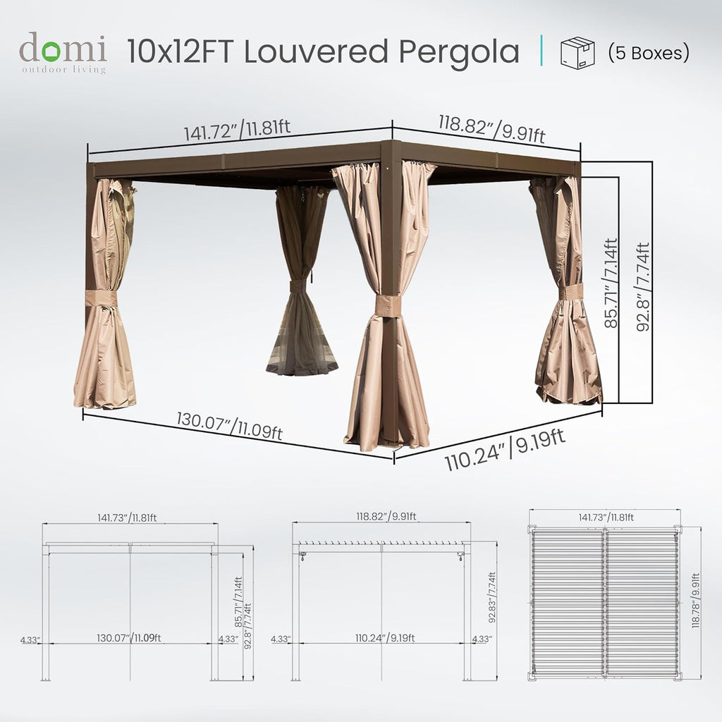 Domi Outdoor Pergola 10' x 12', Aluminum Louvered Pergola with Adjustable Louvers, Full Aluminum Frame, Built-in Gutter System, Modern Patio Gazebo for Deck Garden Patio, Brown