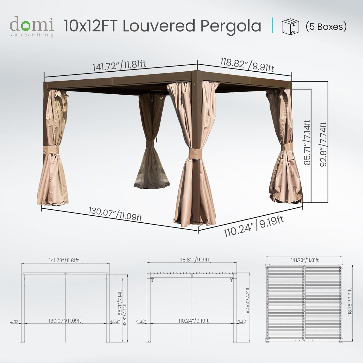 Domi Outdoor Pergola 10' x 12', Aluminum Louvered Pergola with Adjustable Louvers, Full Aluminum Frame, Built-in Gutter System, Modern Patio Gazebo for Deck Garden Patio, Brown