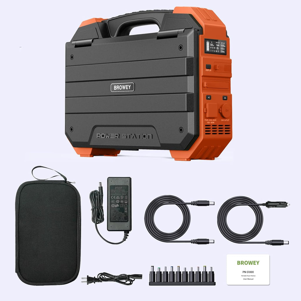 BROWEY Portable Power Station, 1000W Solar Generator with Built-in Solar Panel, 614WH/192000mAh LiFePO4 Battery Pack, AC/DC/USB/PD Outputs, for Outdoor Camping, RV Travel, Emergency Preparedness