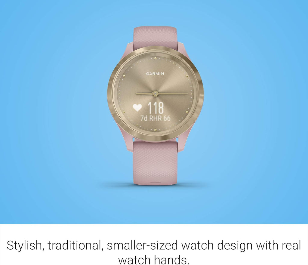 Garmin vivomove 3s, Smaller-Sized Hybrid Smartwatch with Real Watch Hands and Hidden Touchscreen Display, Light Gold with Rose Case and Band (Renewed)