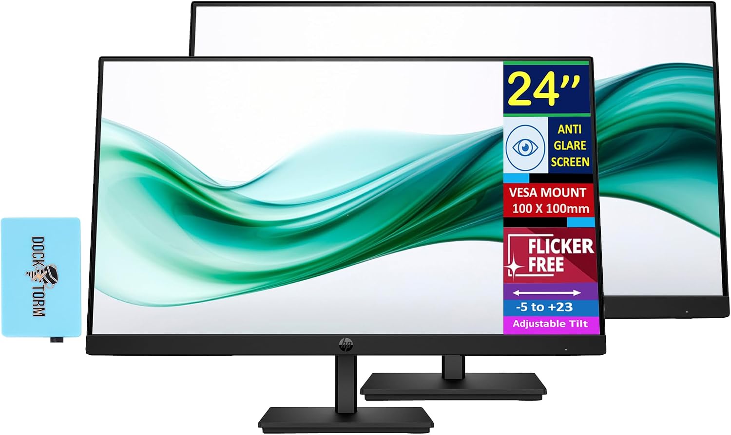 HP 24' Series 3 Pro 24' FHD Computer Monitor (1920x1080), 100Hz Anti-Glare Display, HDMI, VESA Mount, Black, Bundle with dockztorm hub and ErgoFlexy Dual Monitor Mount. (2Pack)