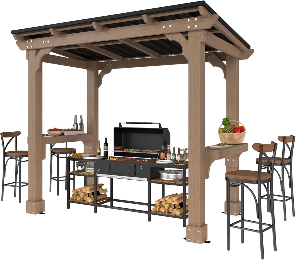 MUPATER 8' x 5' Wooden Grill Gazebo with Sloping Metal Roof, Hard Top Grill Gazebo with 2 Side Shelves, Suitable for Full-Size Grill, BBQ Canopy for Outdoor Patio, Lawn, Garden, Backyard
