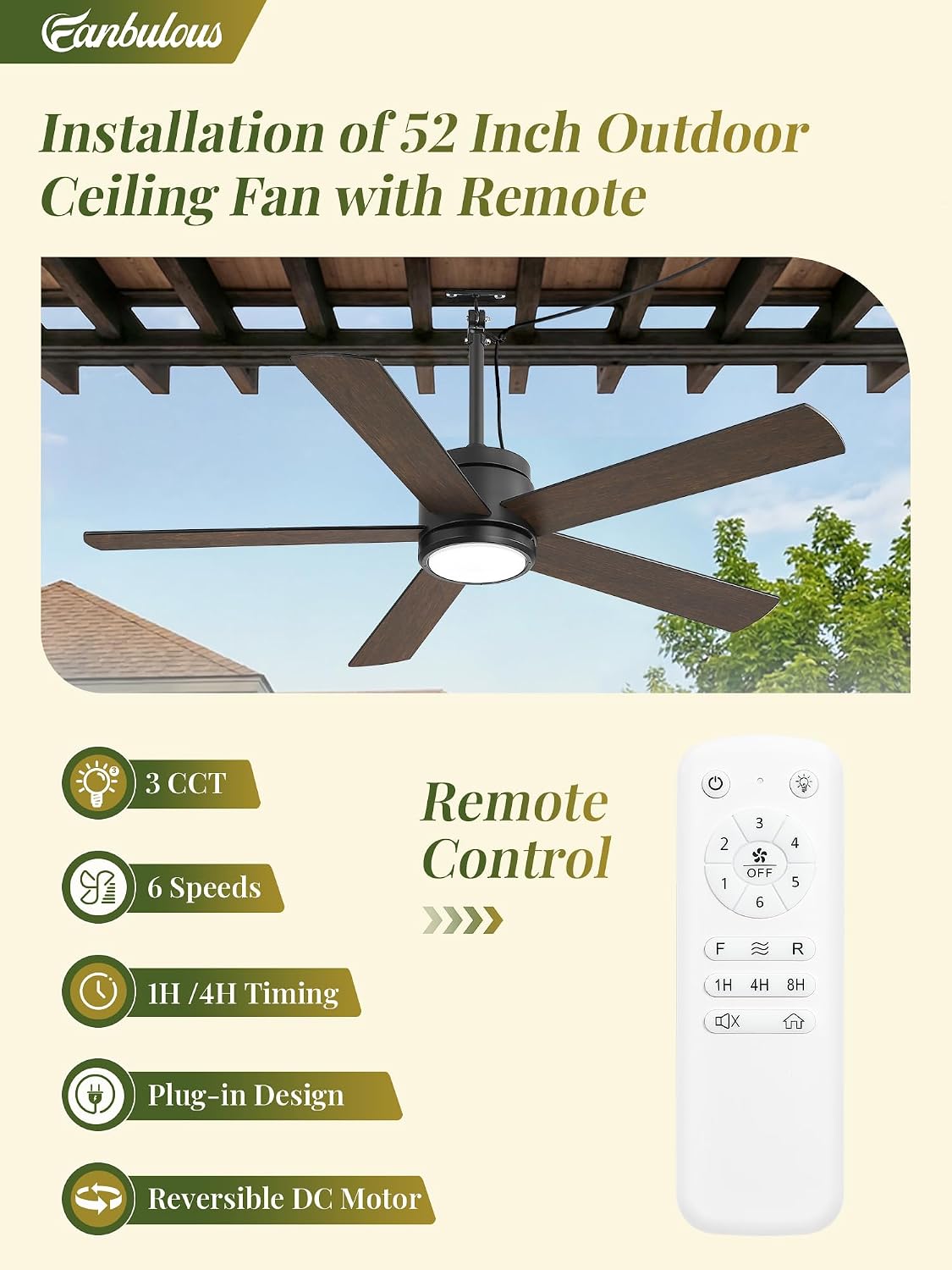 52 In Outdoor Ceiling Fan Hanging Fan Outdoor Ceiling Fans, Waterproof, with Light, Remote, 52 In, Wet Rated, IP65, 6 Speed, 3CCT, Plug in, for Patios, Porch, Gazebo, Black