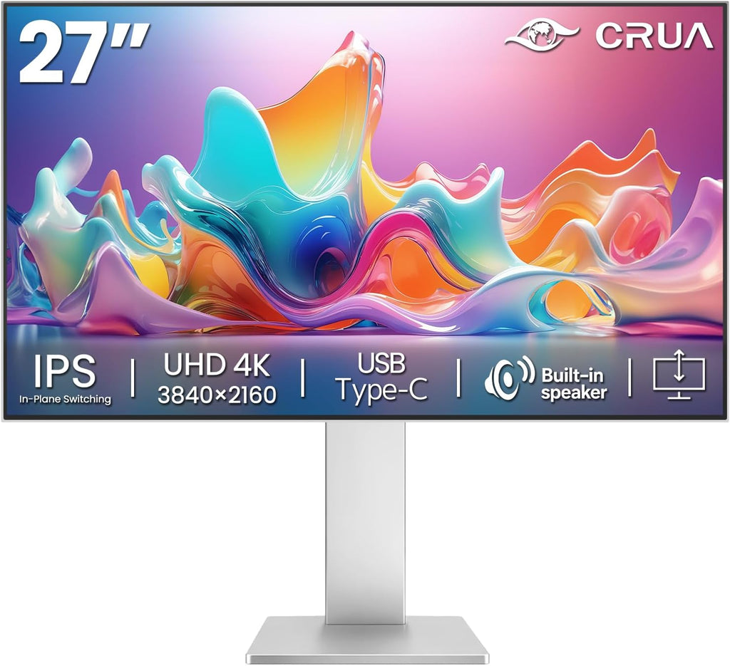 CRUA 27' 4K Monitor, UHD 3840x2160P 60Hz IPS Panel Computer Monitor with Built-in Speakers, Supports AMD FreeSync, USB Type-c, 98% DCI-P3, Height Adjustable, HDMI 2.0 & DP 1.2, Wall Mountable-Silver