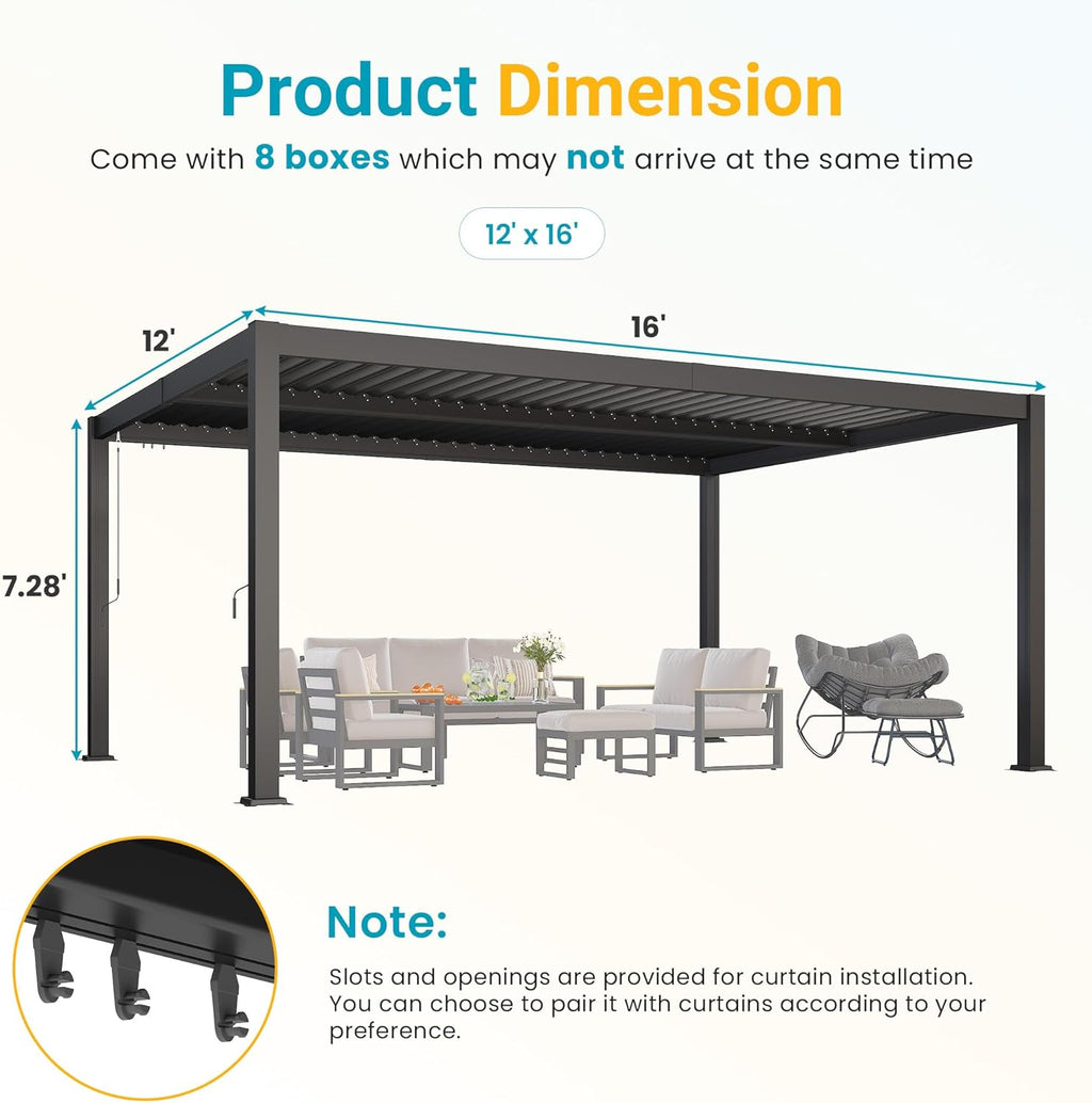 Louvered Pergola, 12' x 16' Outdoor Pergola, Metal Patio Gazebo with Adjustable Louvers Roof and Gutter System, Metal Hardtop Gazebo for Patio, Backyard, Deck, Garden, Dark Gray