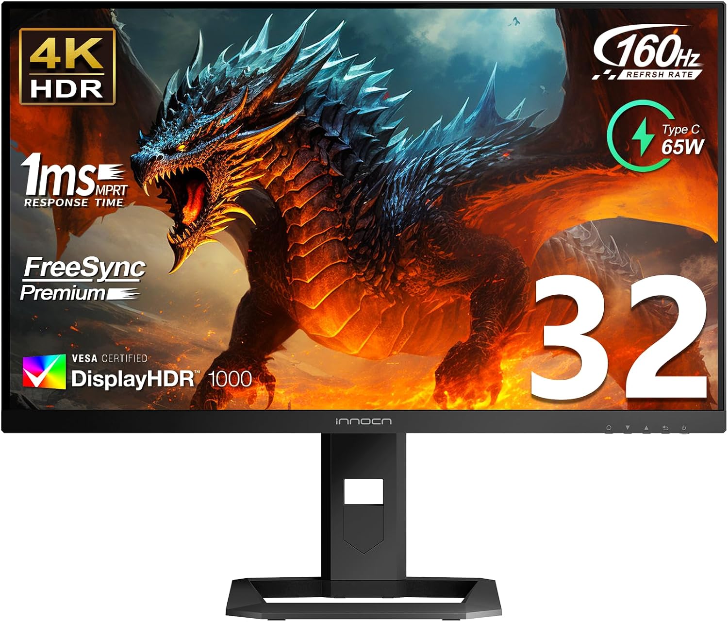 INNOCN 32' Mini LED 4K 160Hz 3840 x 2160P HDR1000 Monitor 1ms IPS HDMI 2.1, 99% DCI-P3, USB Type-C Connectivity, Height Adjustable Stand - Black (2026)