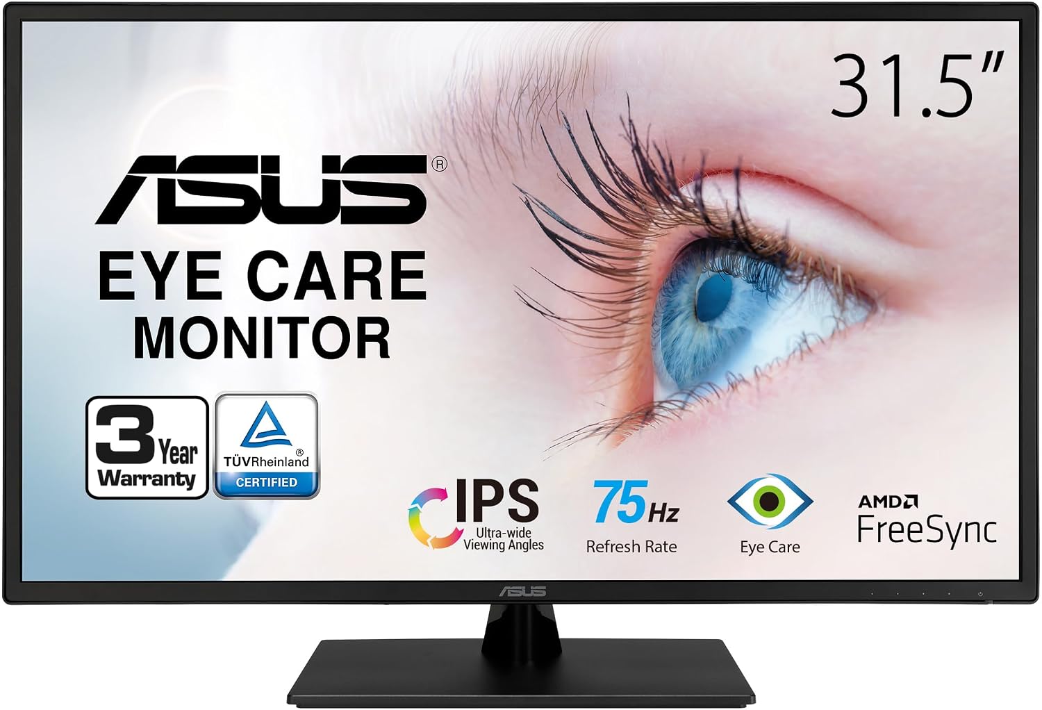 ASUS 32 Inch 1080P Monitor (VA329HE) - Full HD, IPS, 75Hz, Adaptive-Sync, Eye Care, Low Blue Light, Flicker Free, HDMI, VGA, Wall Mountable, Tilt Adjustable, Black