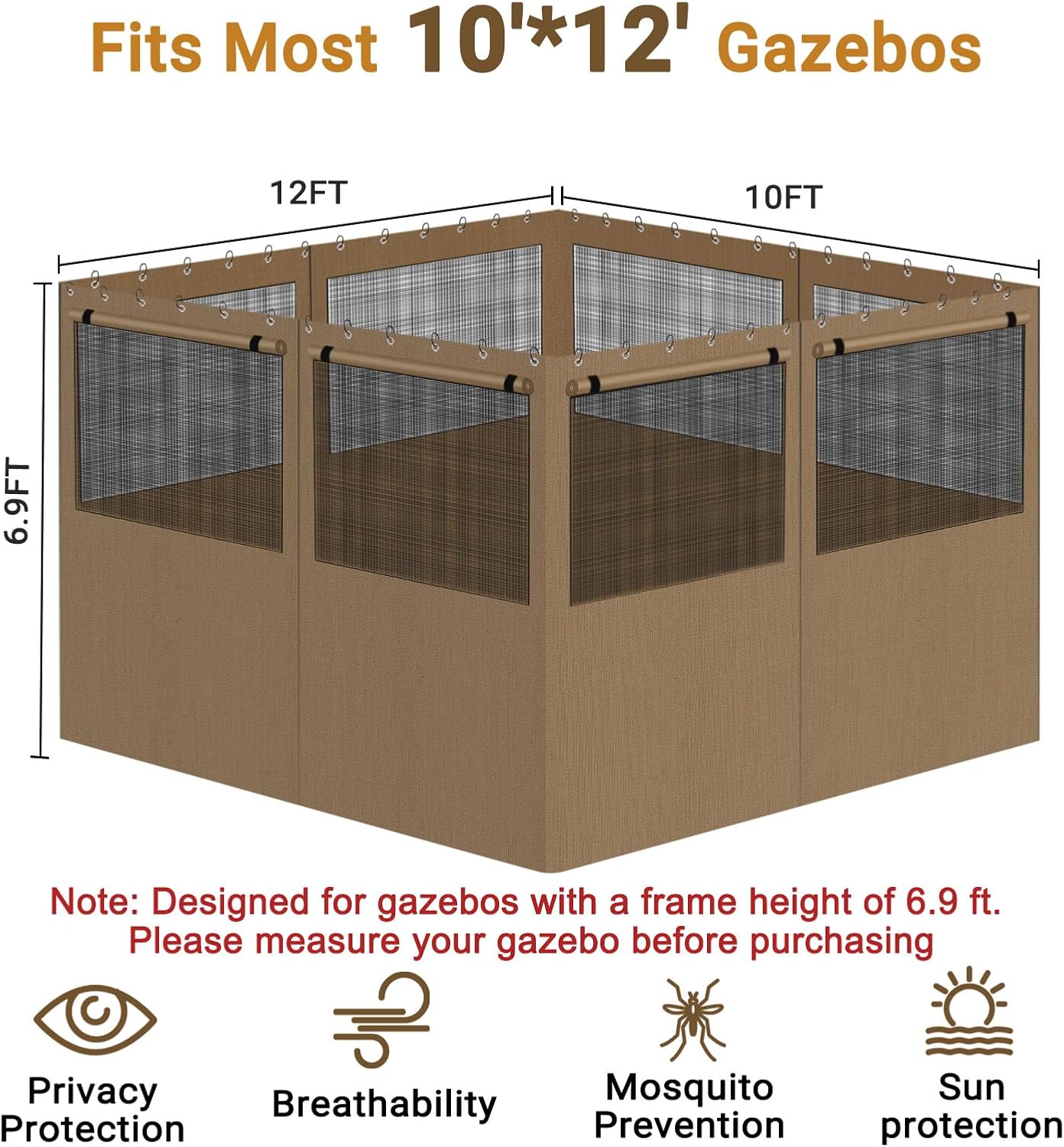 Gazebo Privacy Curtain 10'x12', Replacement Curtains with Mosquito Net Windows, 4-Panels Side Wall, Zippers, Waterproof Outdoor Curtains for Patio, Canopy, Garden and Backyard, Khaki (Curtain Only)