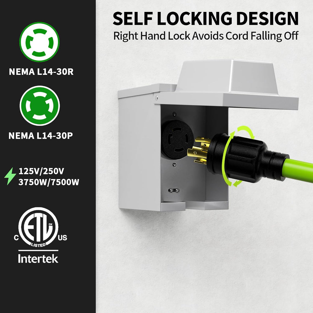 POWGRN 75Feet 30 Amp Generator Extension Cord 4 Prong,Heavy Duty NEMA L14-30P/L14-30R,125/250V 7500W,Green 10 Gauge STW Twist Locking Generator to House Power Cords with Cord Organizer,ETL Listed