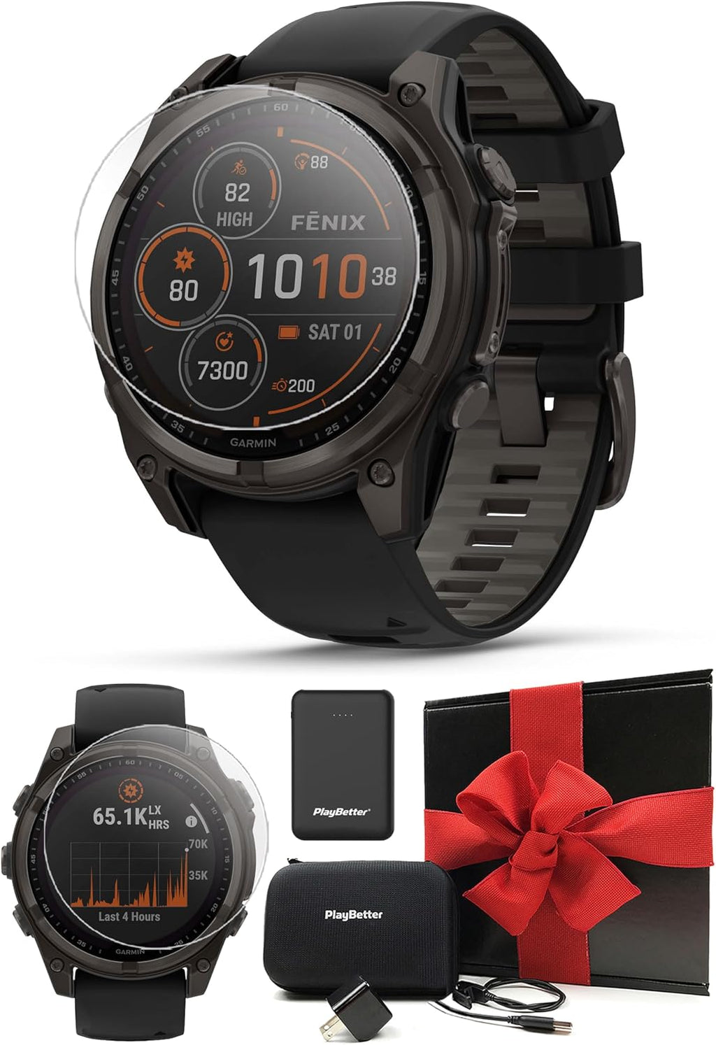 Garmin Fenix 8 Solar Sapphire (47mm, Carbon Gray DLC Titanium) Multisport GPS Smartwatch Gift Box Bundle - 1.4' Touchscreen, LED Flashlight with PlayBetter Charger, Screens, Adapter, Case