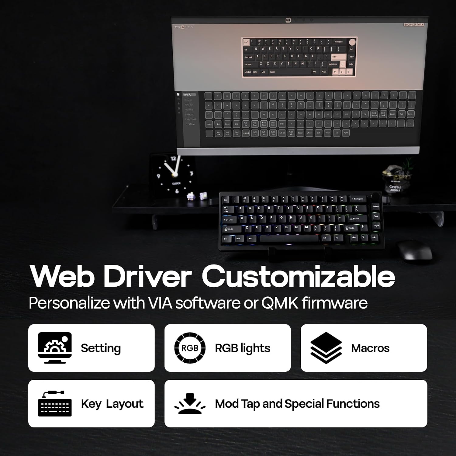 EPOMAKER P65 QMK/VIA Wireless Aluminum Gaming Keyboard, Gasket-Mount, BT/2.4Ghz/USB(A to C), Hot Swappable, N-Key Rollover, for Mac/PC/PS/Xbox (Black, Wisteria Linear Switch)
