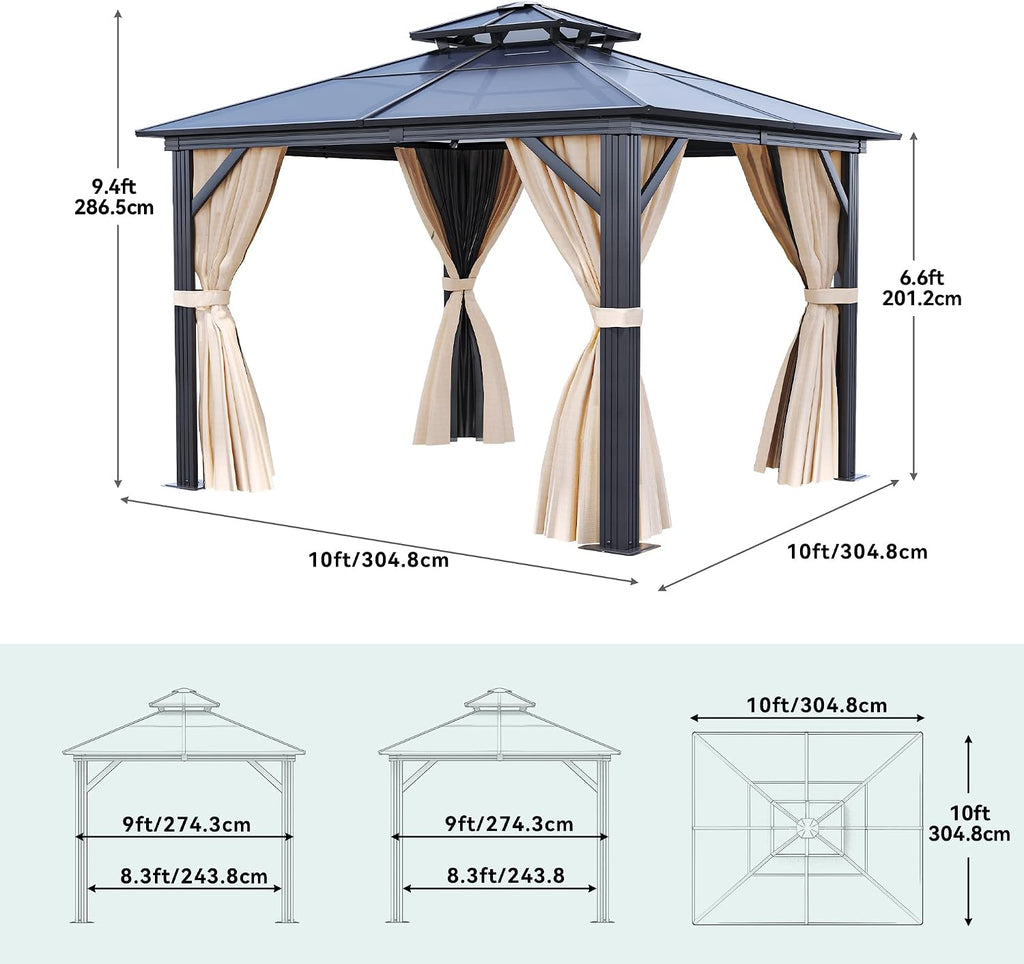 DWVO 10x10ft Hardtop Gazebo Double Roof Polycarbonate Canopy Outdoor with Netting and Shaded Curtains, Aluminum Frame Garden Tent for Patio, Backyard, Deck and Lawns