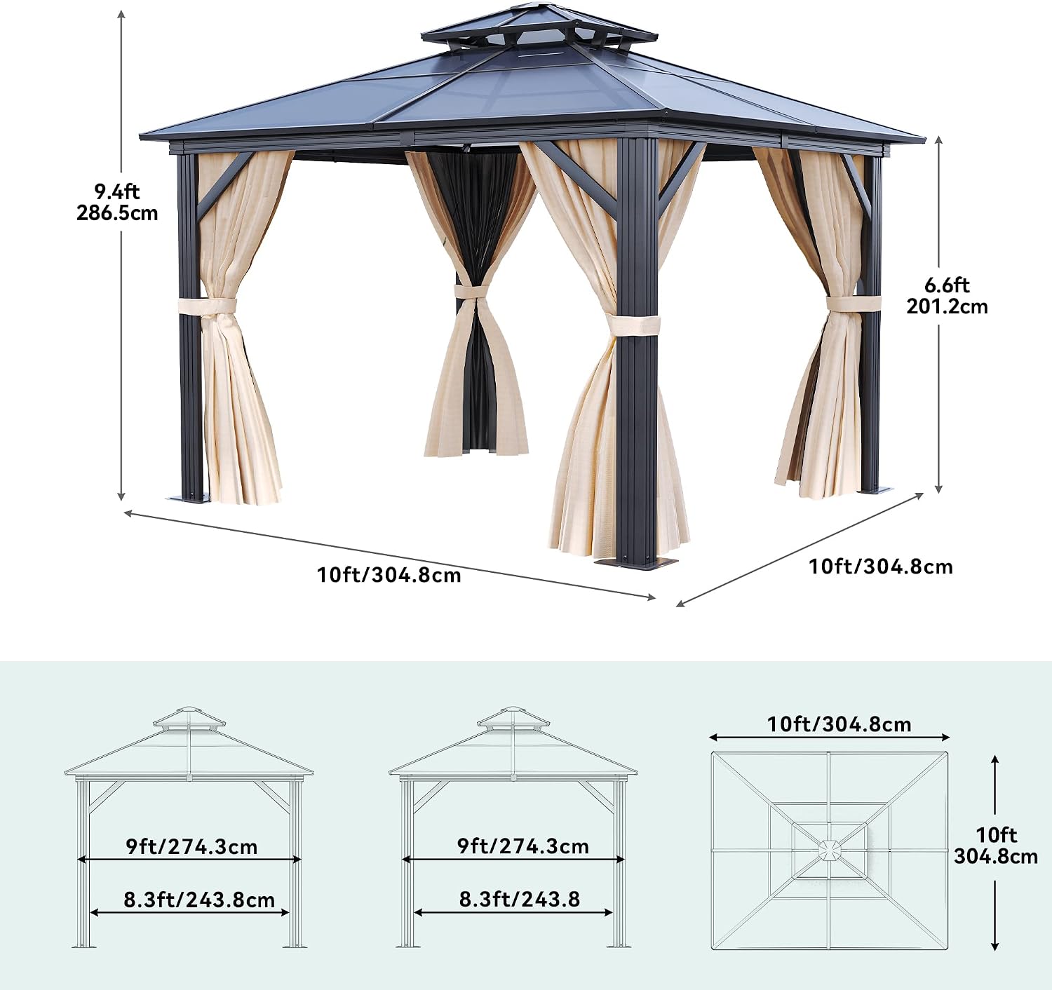 DWVO 10x10ft Hardtop Gazebo Double Roof Polycarbonate Canopy Outdoor with Netting and Shaded Curtains, Aluminum Frame Garden Tent for Patio, Backyard, Deck and Lawns