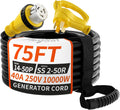 PlugSaf 40 Amp Generator Cord, 75FT 40 Amp RV Extension Cord with Twist Lock, Generator Cable 40A 4 Prong Yellow, 14-50P to SS2-50R Heavy Duty STW Wire for RV Camper & House