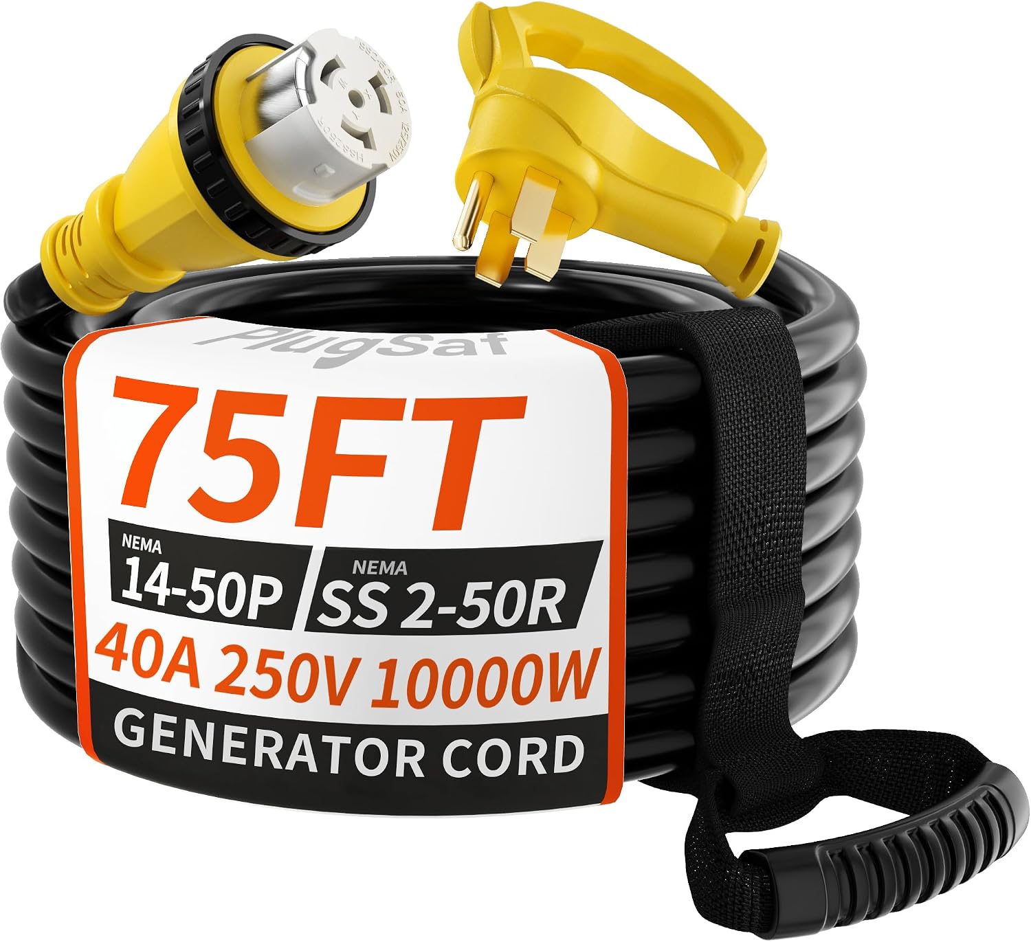 PlugSaf 40 Amp Generator Cord, 75FT 40 Amp RV Extension Cord with Twist Lock, Generator Cable 40A 4 Prong Yellow, 14-50P to SS2-50R Heavy Duty STW Wire for RV Camper & House