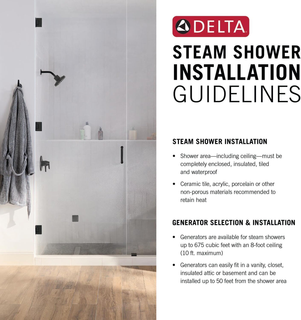 Delta Faucet SimpleSteam 4kW Steam System Kit Brushed Nickel, Includes 4kW Steam System Generator, Square Digital System Control, Square Steam Head, Lumicoat Stainless 5P-EST04-SS-PR