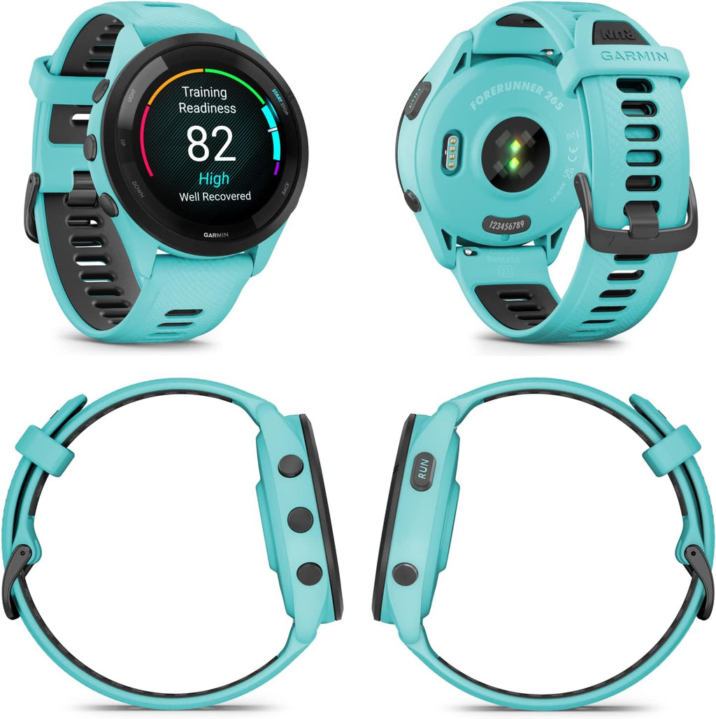 Garmin Forerunner 265 Music GPS Running 46 mm Smartwatch, Aqua with AMOLED 1.3 in Touchscreen Display White Earbuds Bundle, Aqua +Wht EarBuds