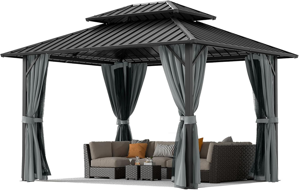 10' x 12' Hardtop Gazebo, Aluminum Frame with Double Galvanized Steel Roof,Permanent Outdoor Gazebo with Netting and Curtains for Backyard, Garden, or Deck, Gray