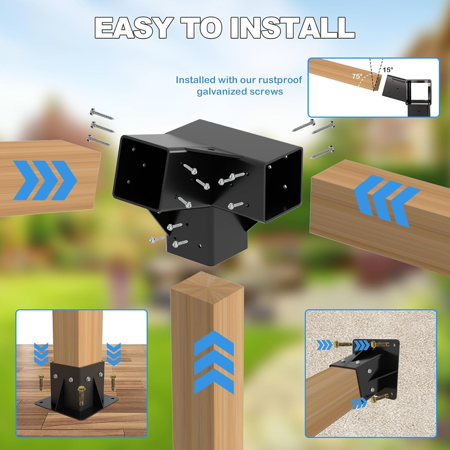 15° Angled Pergola Kit 4x4(Inner 3.64x3.64), 2PC 3-Way Slanted Pergola Roof Bracket, Post Base-Lean Corner Bracket Kit-DIY Gazebo Brackets-Hardware Kit for Outdoor Wood Beams Sunroom Carport Cabin