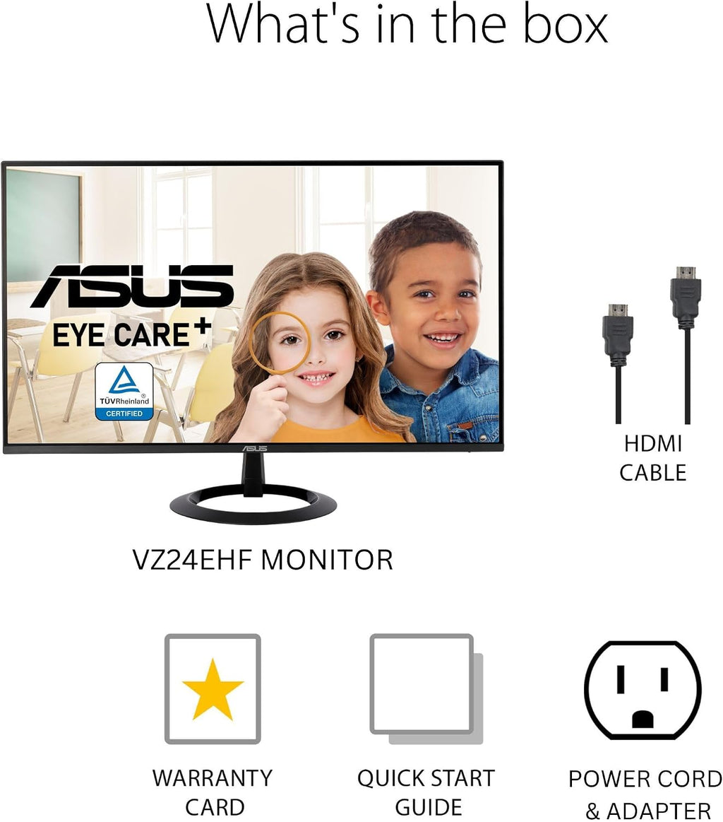 ASUS 24' (23.8-inch viewable) Eye Care Monitor (VZ24EHF) - IPS, Full HD (1920 x 1080), Frameless, 100Hz, Adaptive-Sync, 1ms, HDMI, Low Blue Light, Flicker Free, Ultra-Slim Profile, 3 Year Warranty