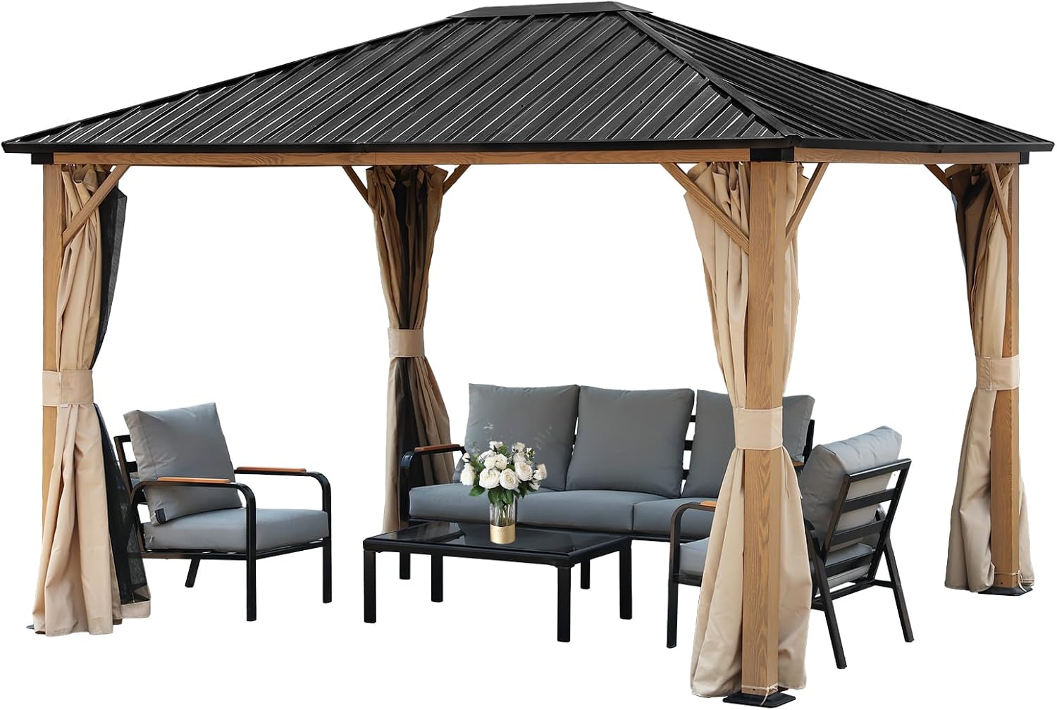 Aoodor 10 x 12 ft. Outdoor Hardtop Gazebo, Wooden Finish Coated Aluminum Frame Gazebo with Curtains and Mosquito Nettings for Patio, Garden, Backyard