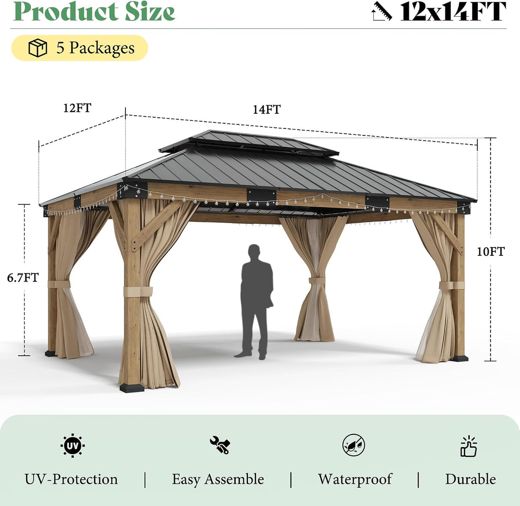 AMERLIFE 12' x 14' Heavy Duty Hardtop Gazebo with Double Metal Roof, Wood Gazebo with Privacy Curtains & Mosquito Netting, Outdoor Pavilion for Backyard, Garden & Patio, Brown