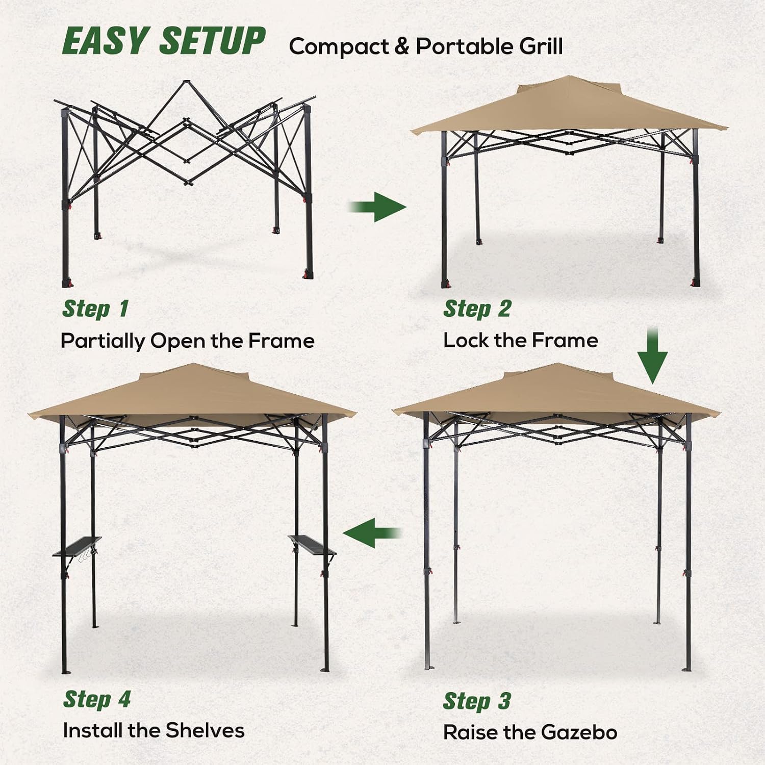 COOS BAY 8x5 Pop Up Outdoor Grill Gazebo, Portable BBQ Grill with Carry Bag, Outdoor Barbecue Shelter with Side Shelves, Beige