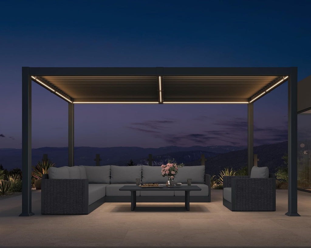 PURPLE LEAF LED Louvered Pergola 92KS 8' x 14' with Integrated Solar Strip Lights Adjustable Aluminum Louvers Wind Resistant Pergolas for Patio Dining Deck Garden Yard Gray