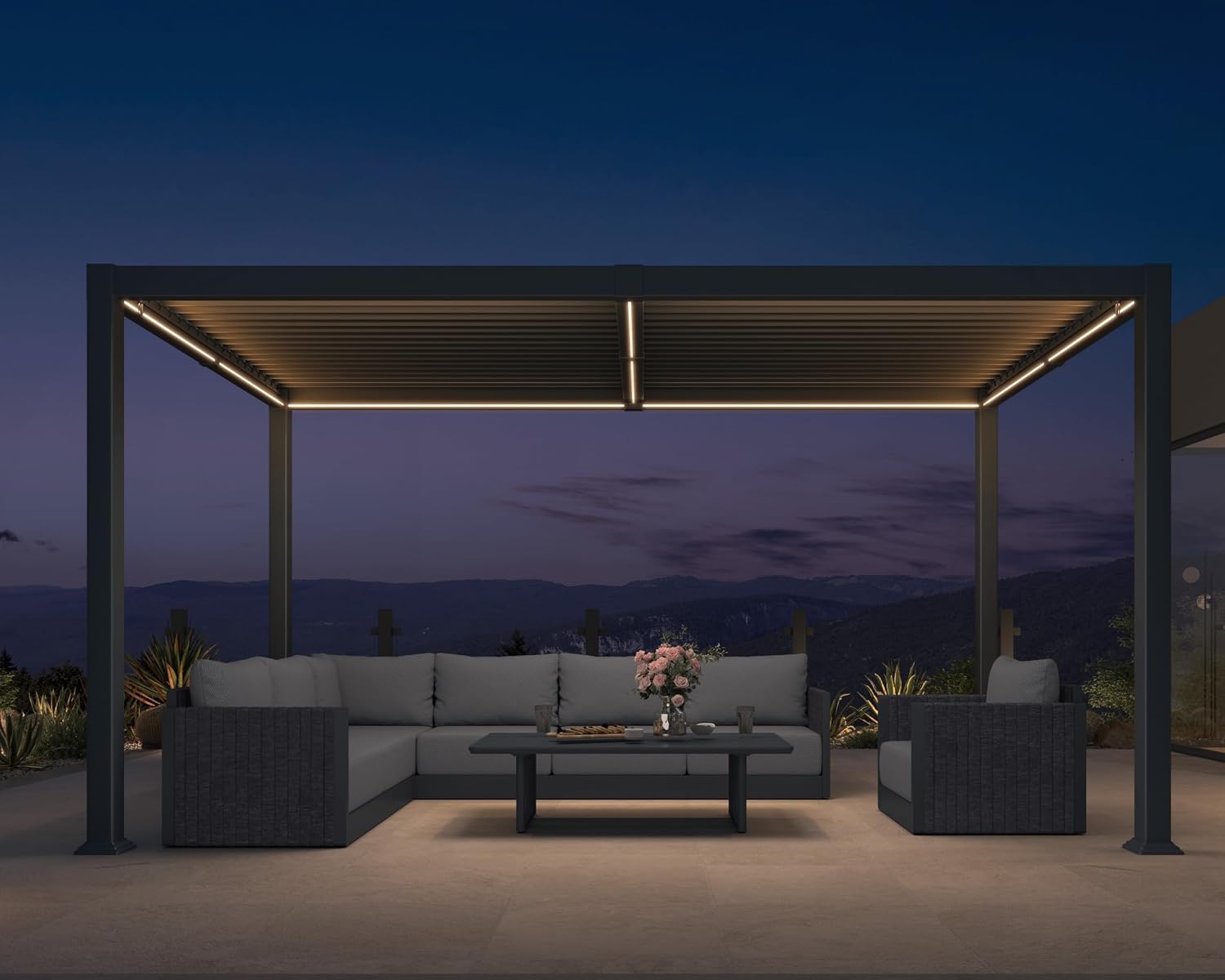 PURPLE LEAF LED Louvered Pergola 92KS 8' x 14' with Integrated Solar Strip Lights Adjustable Aluminum Louvers Wind Resistant Pergolas for Patio Dining Deck Garden Yard Gray