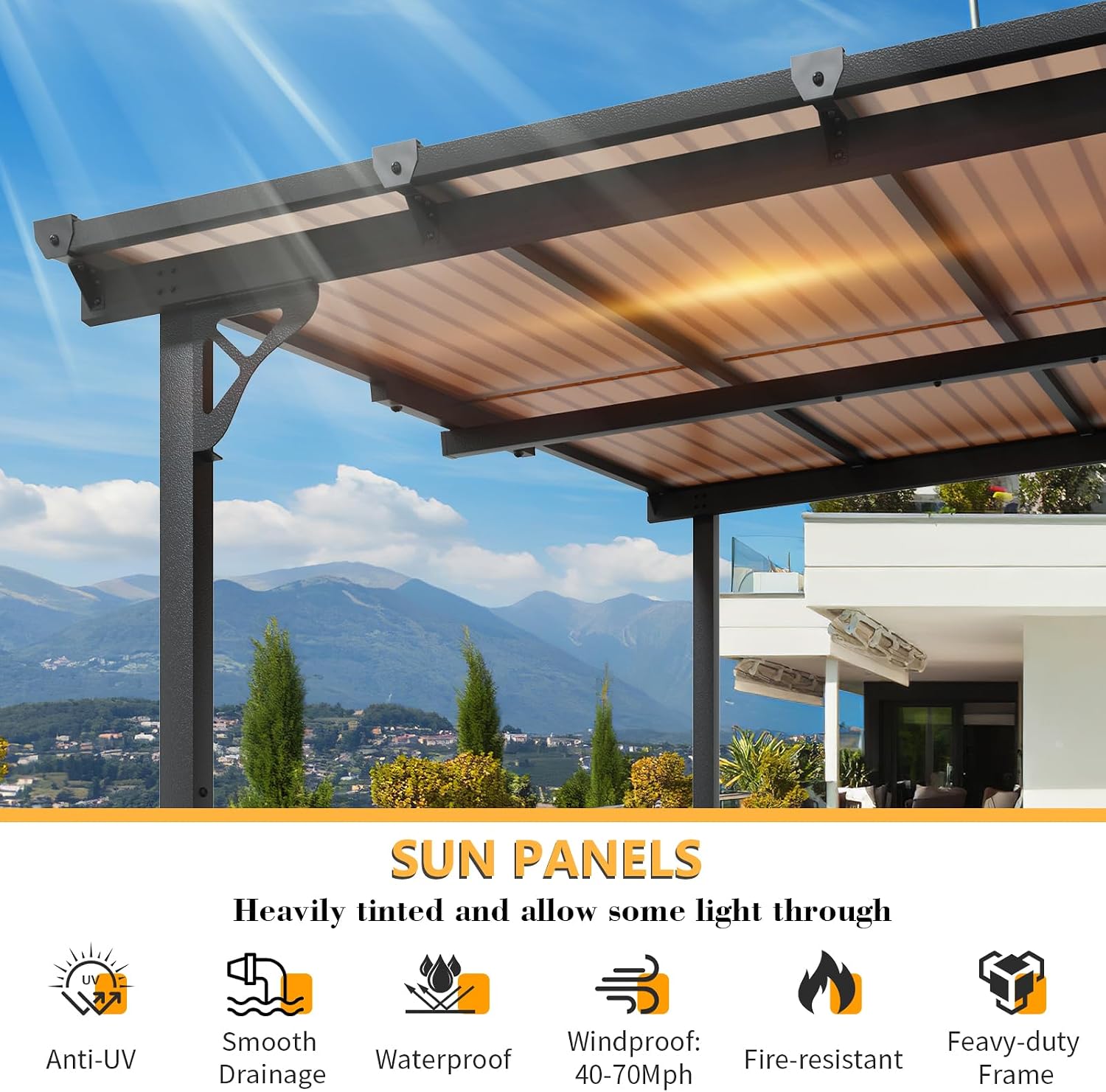 10' x 10' Gazebo for Patio, Gazebo Pergola with Sloped Roof, Large Wall-Mounted Heavy Duty Awnings, for Backyard, Patio, Deck and More