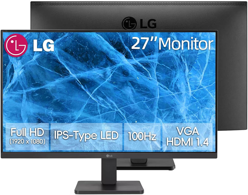 LG 27' FHD (1920 x 1080) IPS 100Hz Monitor, sRGB 99%, AMD FreeSync, Flicker Safe, 3-Side Borderless, Anti-Glare, Reader Mode, OnScreen Control, HDMI & VGA, VESA Mount, Tilt Adjustable, Black
