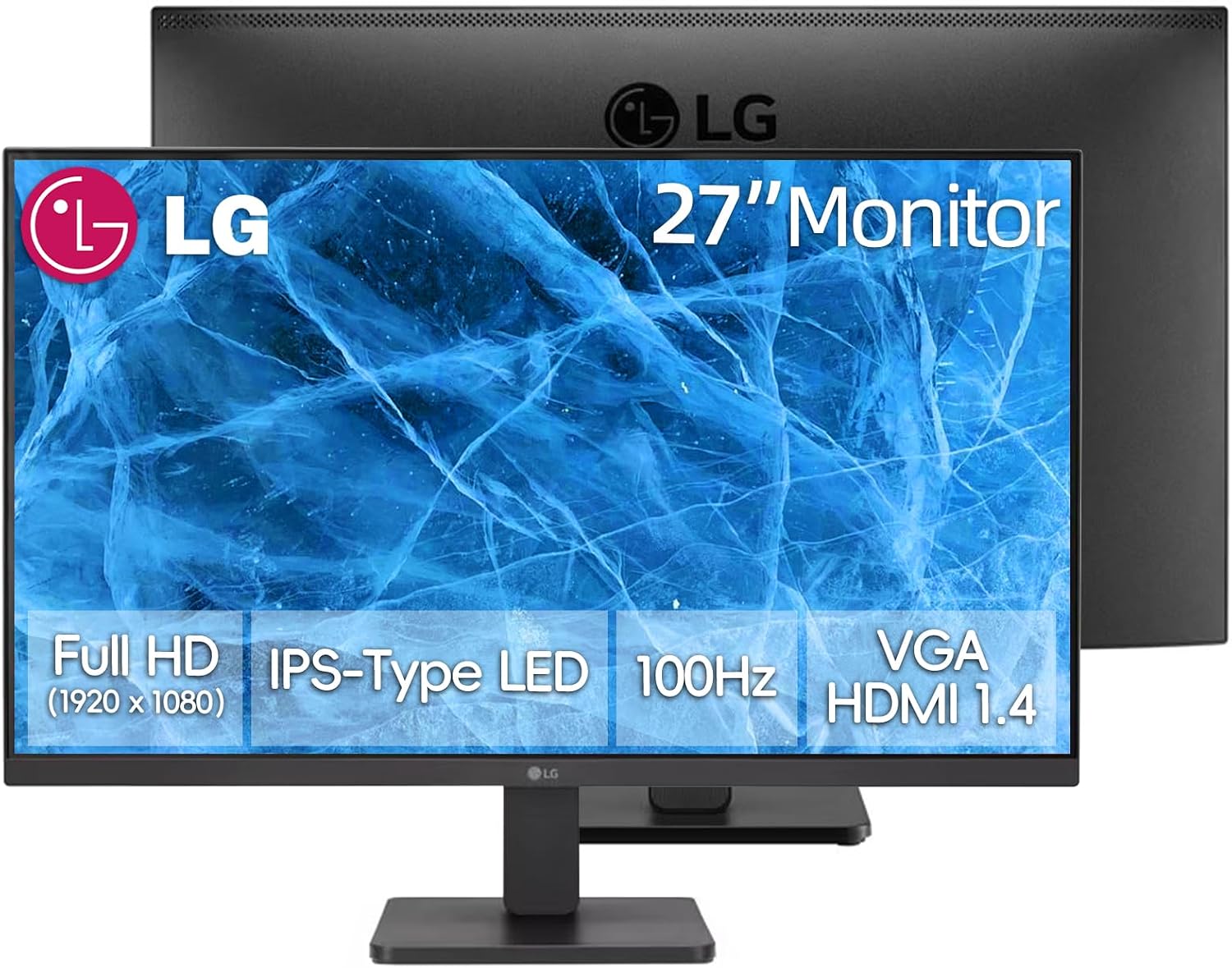 LG 27' FHD (1920 x 1080) IPS 100Hz Monitor, sRGB 99%, AMD FreeSync, Flicker Safe, 3-Side Borderless, Anti-Glare, Reader Mode, OnScreen Control, HDMI & VGA, VESA Mount, Tilt Adjustable, Black