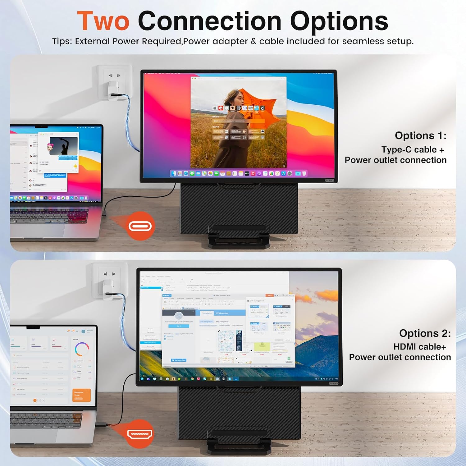 24' Large Portable Monitor, 1080P FHD 100Hz IPS Monitor, Height-Adjustable & Rotatable Screen(Horizontal/Vertical), Built-in Speakers, Requires Wall Outlet, Travel Monitor for Laptop / MacBook / PC