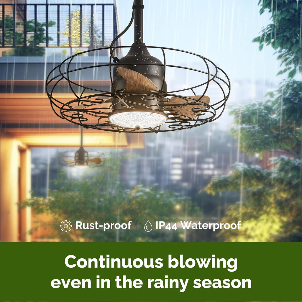 Orison Outdoor Ceiling Fans with Light, 21'' Wet Rated Outdoor Hanging Fan for Gazebo, Plug in Caged Lighting for Pergola Canopy, Hanging with Hook, 3 Color LED Light, Waterproof
