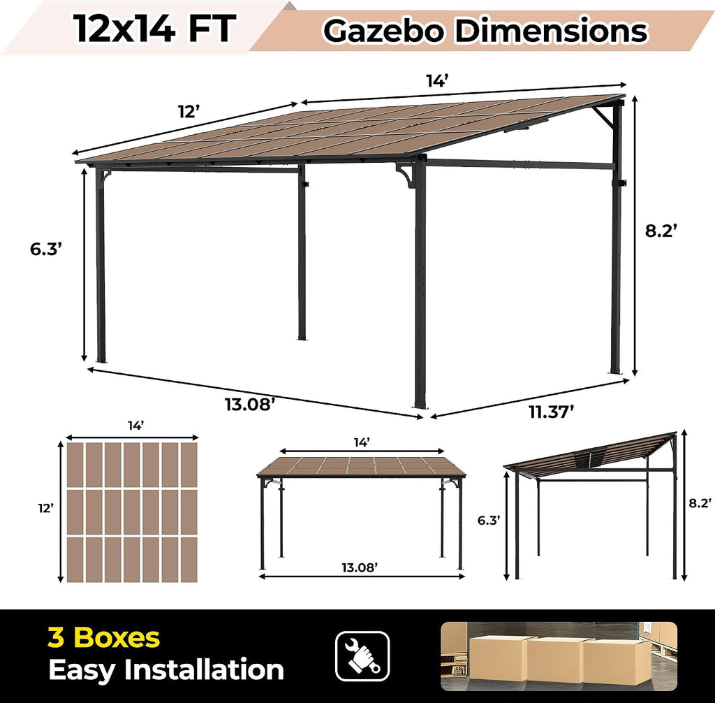 12' x 14' Gazebo, Large Wall Mounted Gazebos Pergola with Metal Frame, Hard Top Lean to Pergola, Outdoor Patio Lean to Metal Awnings Gazebos for Deck, Porch, Backyard