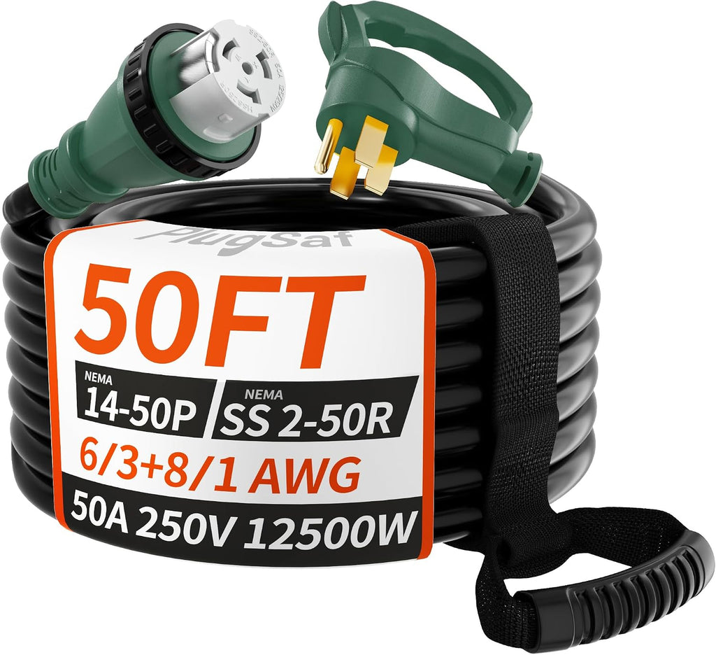 PlugSaf 50 Amp Generator Cord, 50FT 50 Amp RV Extension Cord with Twist Lock, Generator Cable 50A 4 Prong Green, NEMA 14-50P/SS2-50R Heavy Duty STW Wire for RV Camper & House