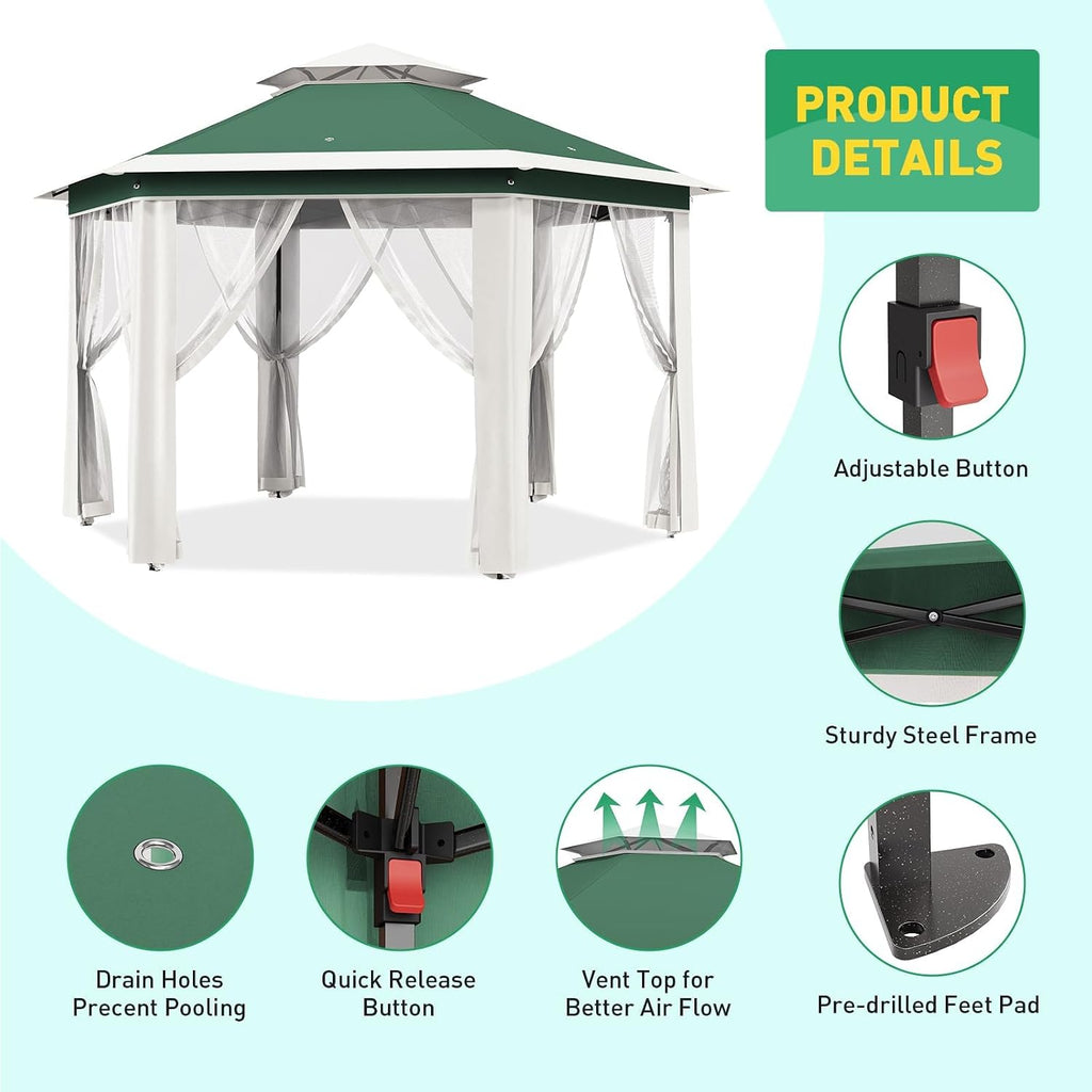 13x13ft Popup Hexagonal Gazebo with Mosquito Net, Adjustable Outdoor Hexagonal Canopy with Portable Handbag for Garden/Backyard/Patio - Gray (Green+Beige)