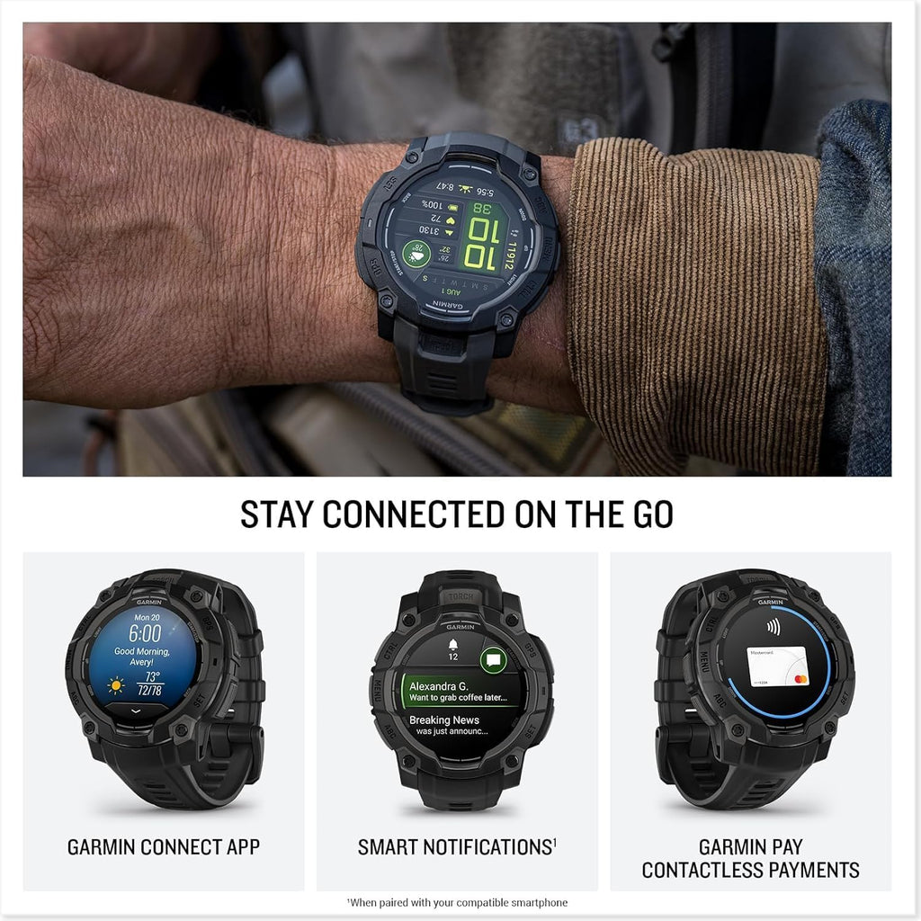 PlayBetter Garmin Instinct 3 45mm (Black) AMOLED Rugged Outdoor GPS Smartwatch Bundle - Metal Reinforced Bezel, Built-in Flashlight, Long Battery Life Portable Charger & HD Screen Protectors