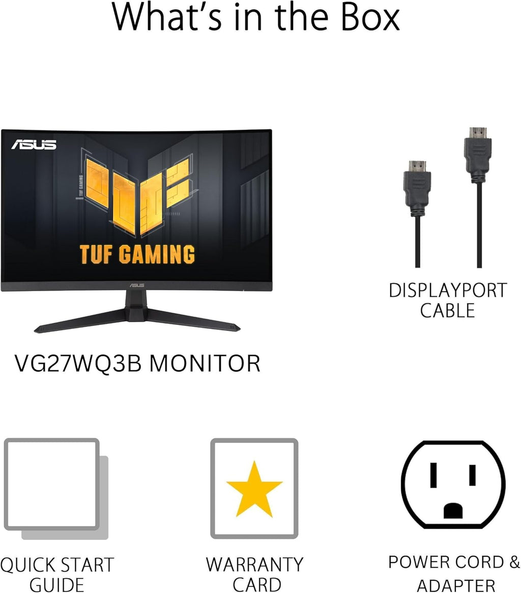 ASUS TUF Gaming 27' 1440P Curved HDR Gaming Monitor (VG27WQ3B) - QHD (2560 x 1440), 180Hz, 0.5ms, Extreme Low Motion Blur, FreeSync, 90% DCI-P3, DisplayWidget, 3 yr Warranty