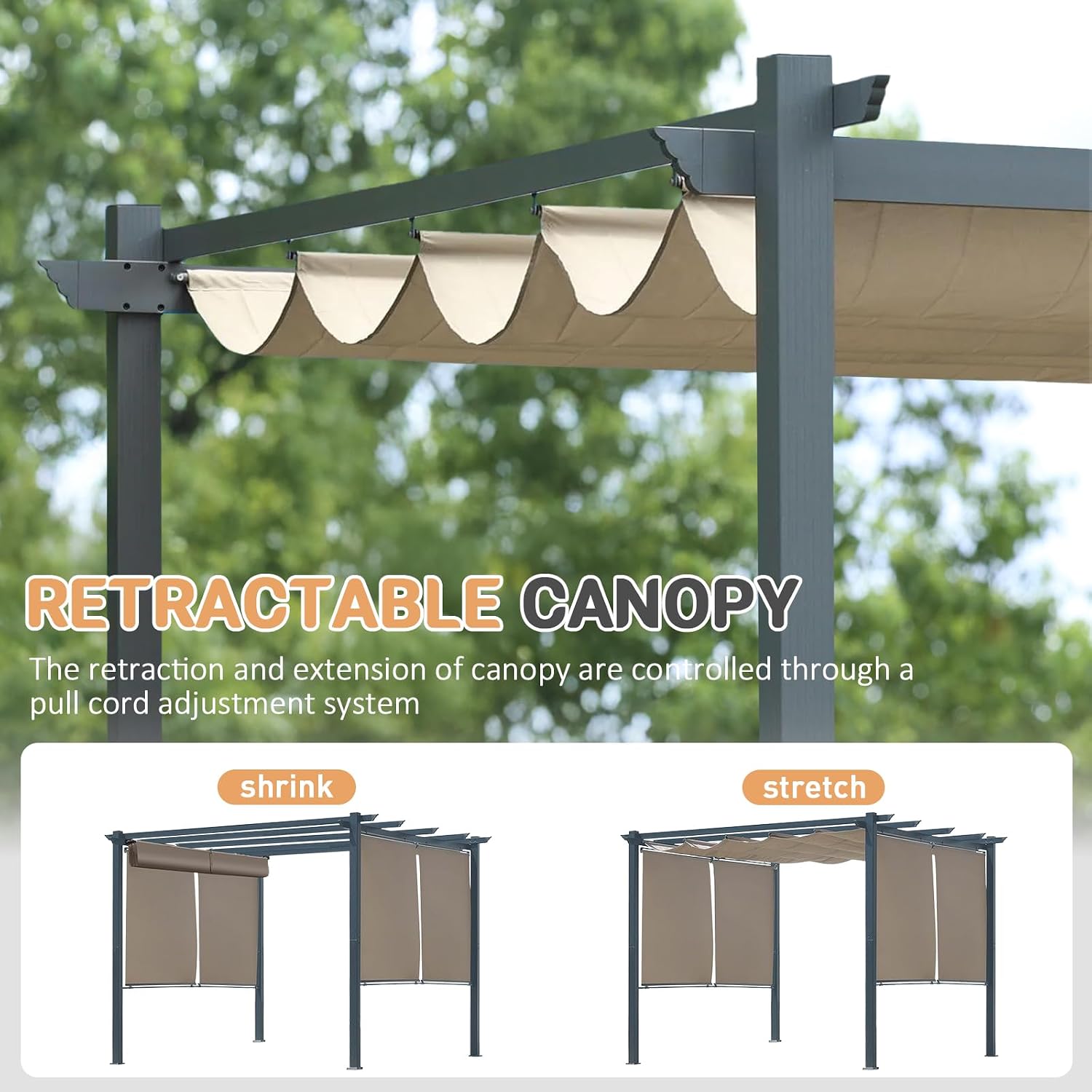 10 x 10 Ft Outdoor Aluminum Pergola, Retractable Canopy & 2 Sides Shades for Patio Backyard Garden Deck