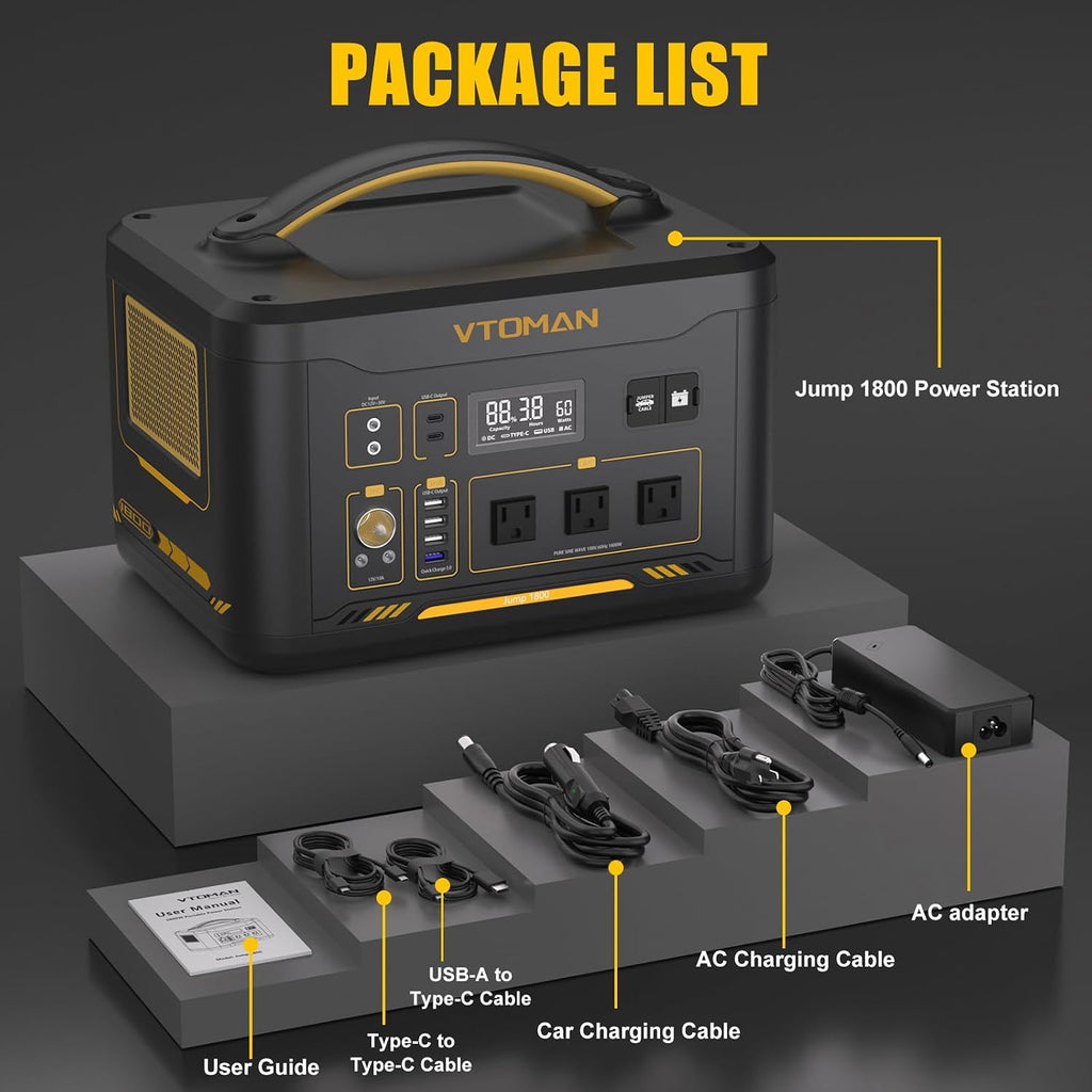 VTOMAN Jump 1800 Portable Power Station with Jump Start, 1548Wh LiFePO4 Solar Generator 1800W (Peak 3600W) AC Outlets, Regulated 12V DC, PD 100W Type-C for Home Backup RV/Van Travel Camping Road Trip