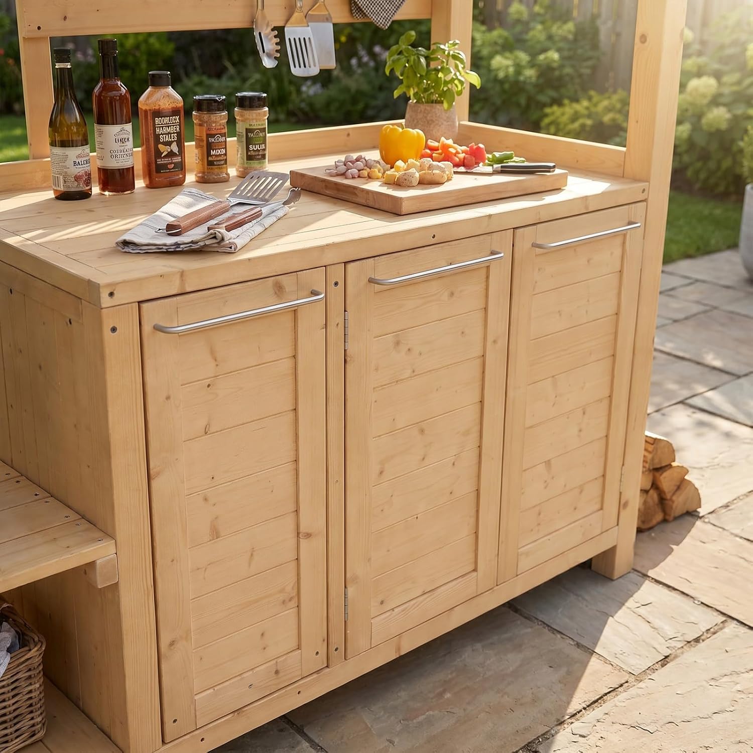 MOUMON 6.7FT Outdoor Grill Gazebo with Trash Bin Cabinet, Cedar Wood BBQ Pavilion with Shelves & Cabinet, Patio Entertain Shade Pavilion for Backyard Garden Beige