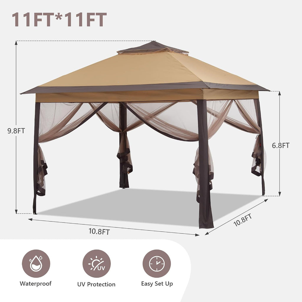 11x11 Pop Up Camping Shelters Tent, Outdoor Tent with Netting, Outdoor Shelters for Backyard, Screen House with Wheeled Cover Bag, Brown.