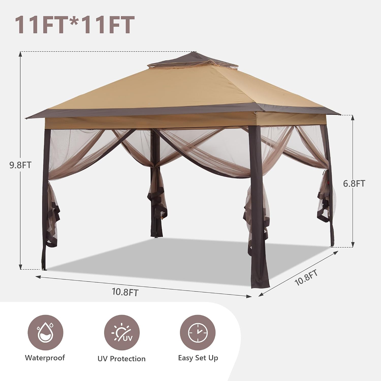 11x11 Pop Up Camping Shelters Tent, Outdoor Tent with Netting, Outdoor Shelters for Backyard, Screen House with Wheeled Cover Bag, Brown.