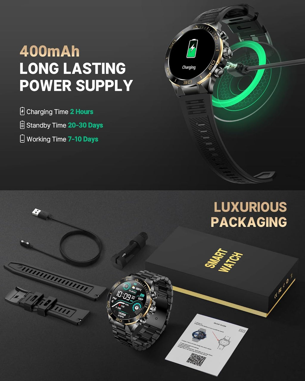 Smart Watch for Men Answer/Make Call for Android iPhone, 1.43' AMOLED HD Screen Mens Luxury Watch, 400mAh Heavy Duty Smartwatch Heart Rate Blood Oxygen Blood Pressure Sleep Monitor Pedometer, 2 Straps