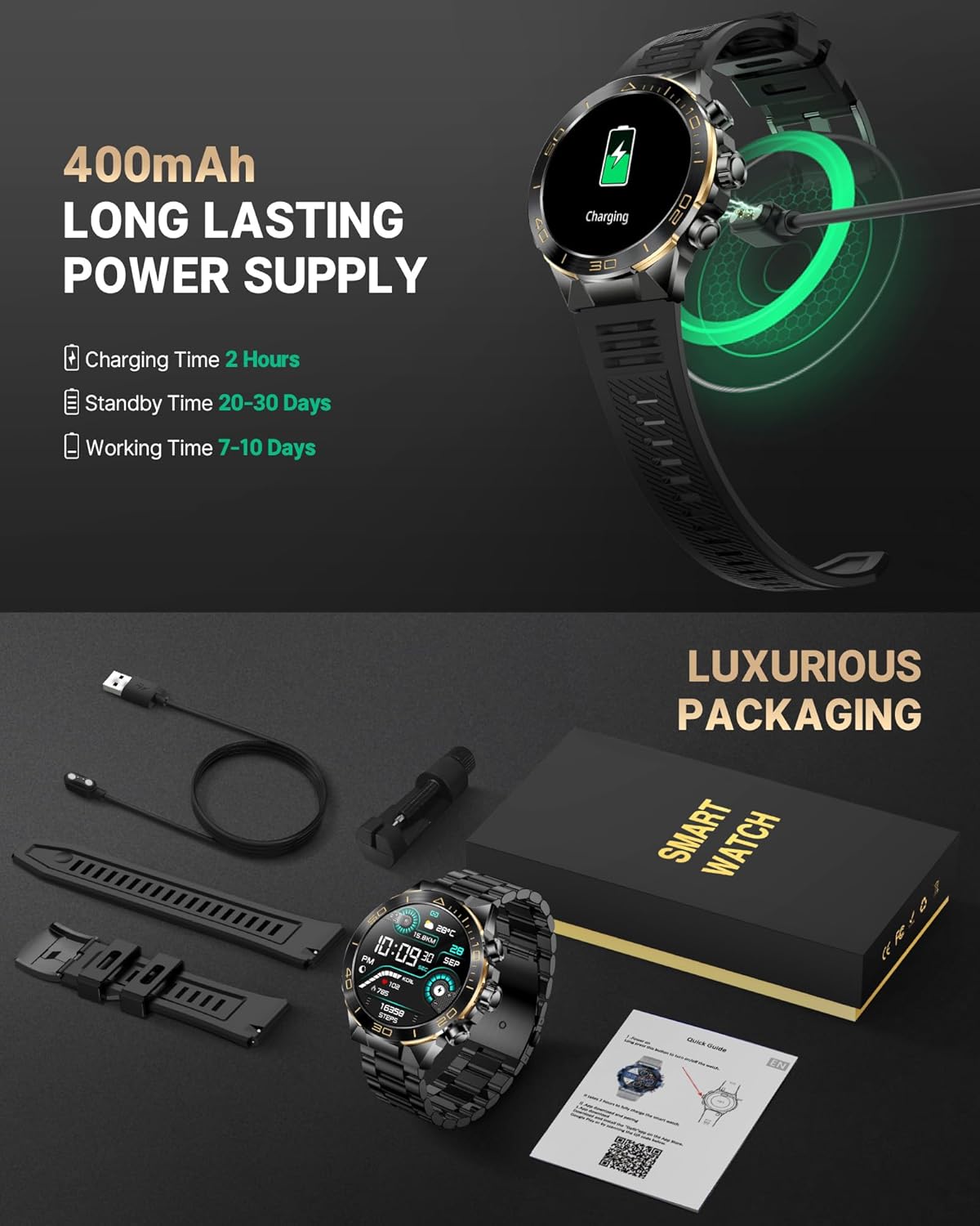 Smart Watch for Men Answer/Make Call for Android iPhone, 1.43' AMOLED HD Screen Mens Luxury Watch, 400mAh Heavy Duty Smartwatch Heart Rate Blood Oxygen Blood Pressure Sleep Monitor Pedometer, 2 Straps